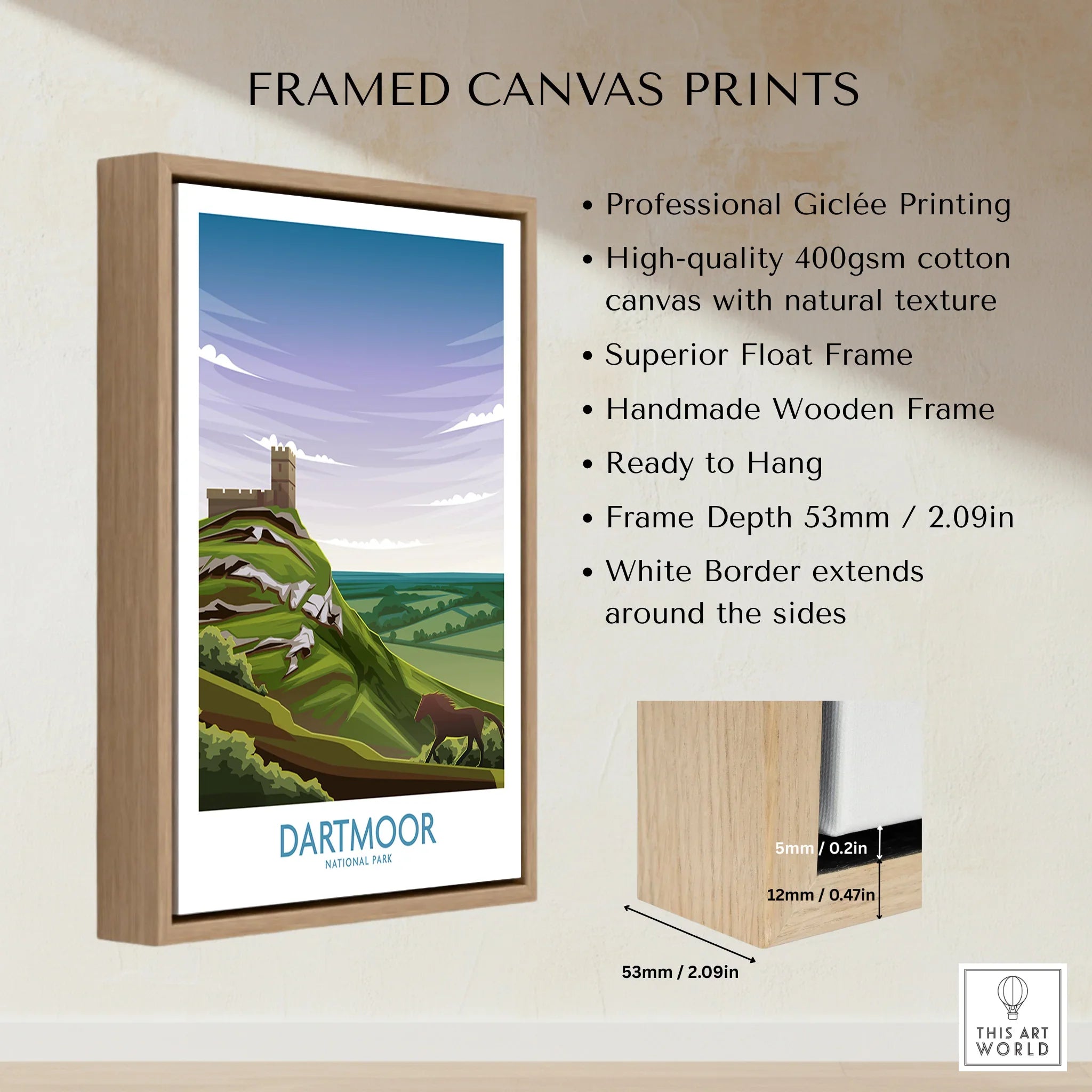 Framed canvas print of Dartmoor National Park landscape with float wooden frame details.