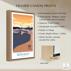 Framed canvas print of Death Valley National Park with desert landscape and hikers, float frame details shown.