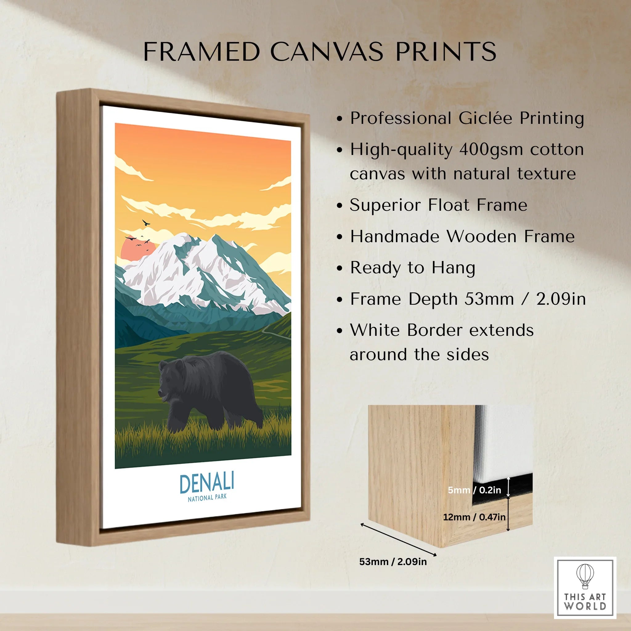 Framed Denali National Park canvas print with float frame, mountain and bear illustration, specs listed.