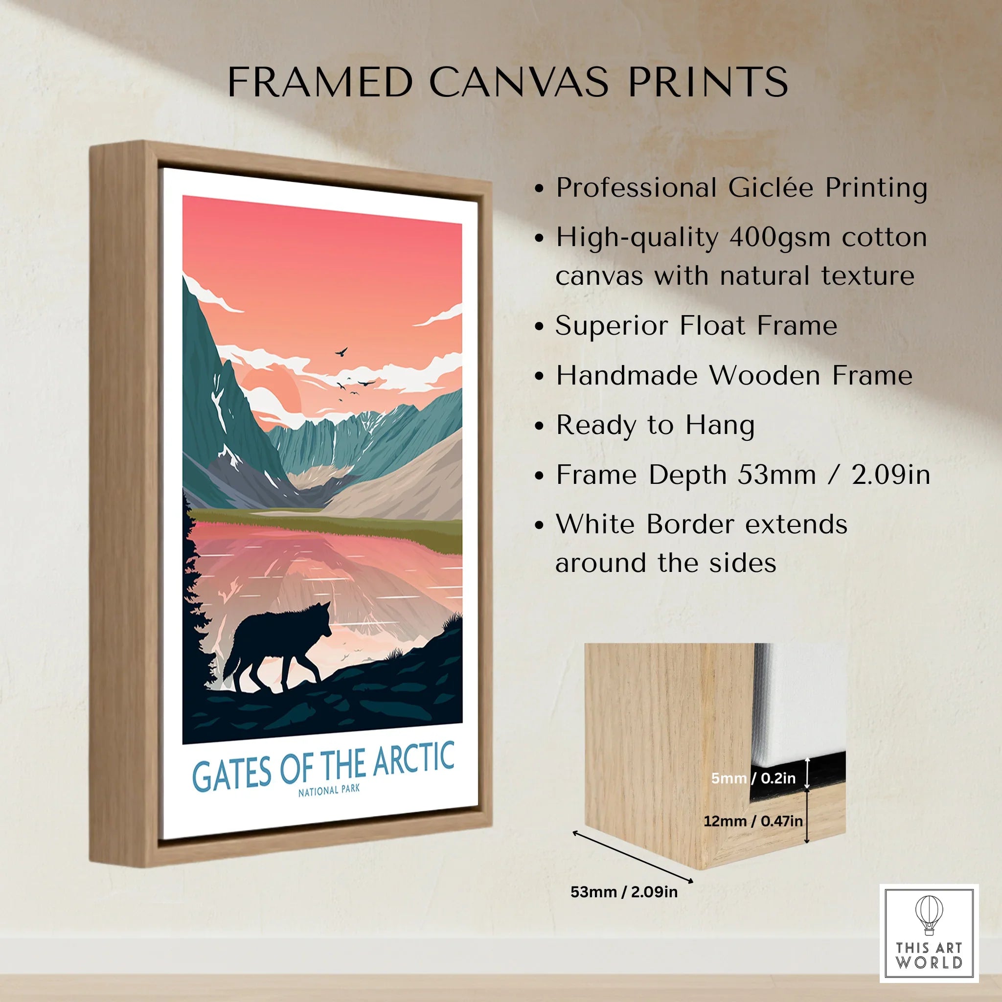 Gates of the Arctic National Park framed canvas print with wolf and mountain sunset illustration