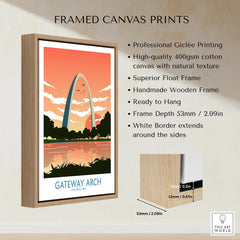 Framed canvas print of Gateway Arch National Park with float frame, sunset art, and wooden border.