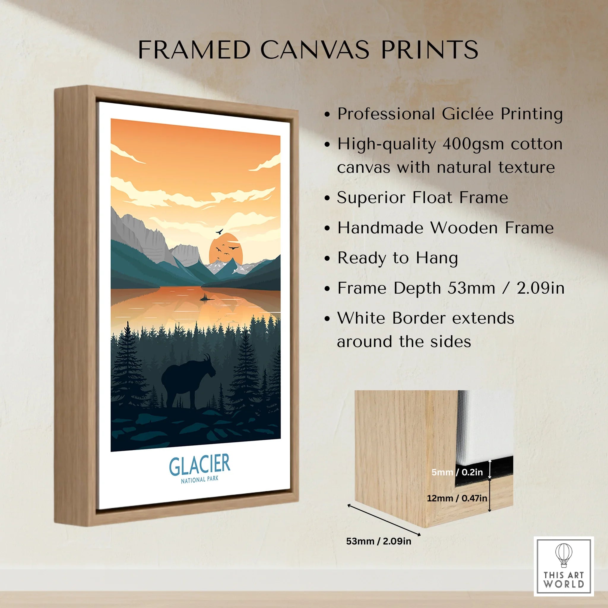 Framed Glacier National Park canvas print with wooden float frame and sunset mountain art