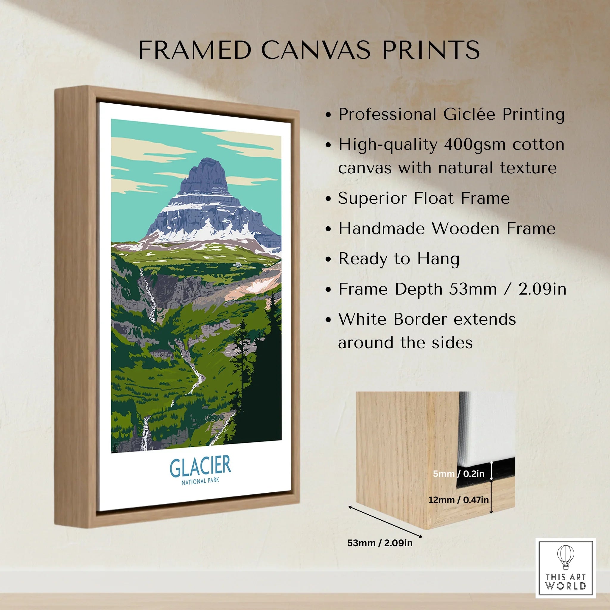 Framed Glacier National Park canvas art print with float frame, mountain landscape, wall decor details