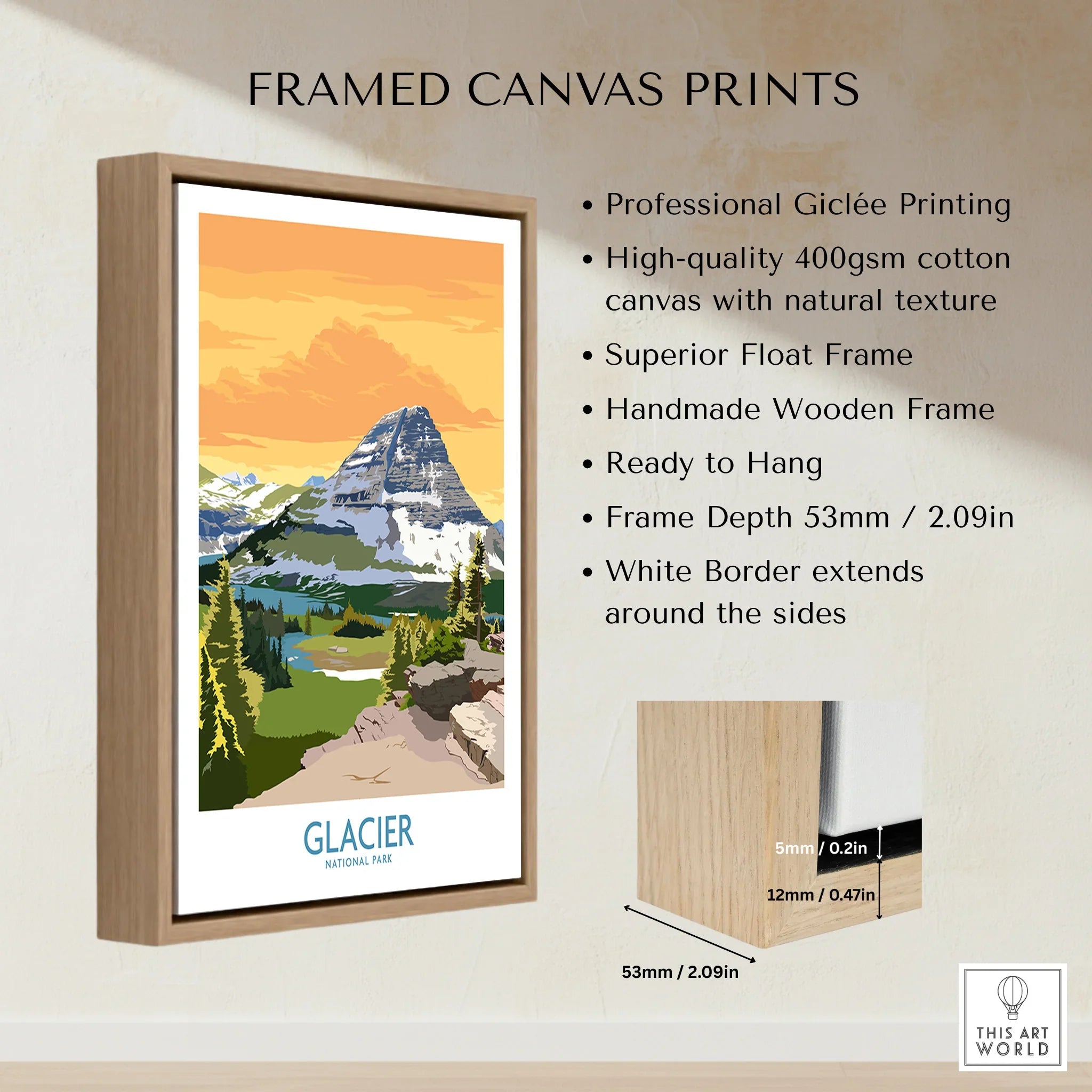 Framed canvas print of Glacier National Park with float frame and wood border details