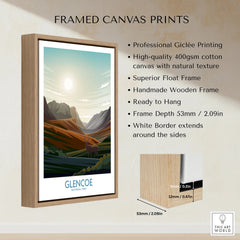 Framed canvas print of Glencoe National Park landscape in wooden float frame, wall art decor