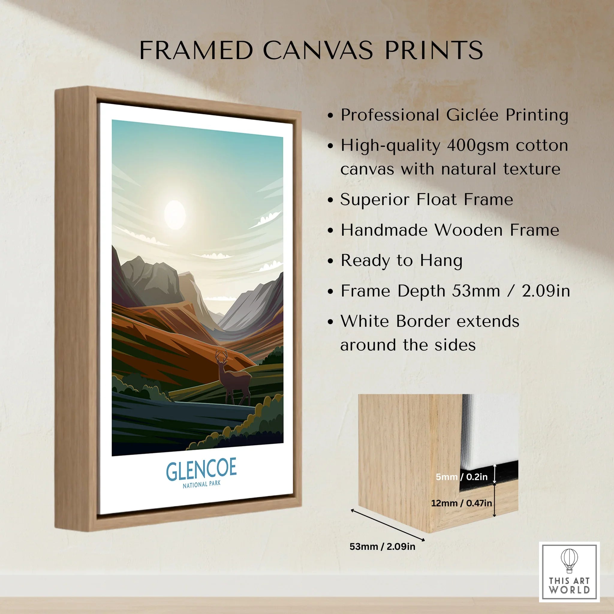 Framed canvas print of Glencoe National Park landscape in wooden float frame, wall art decor
