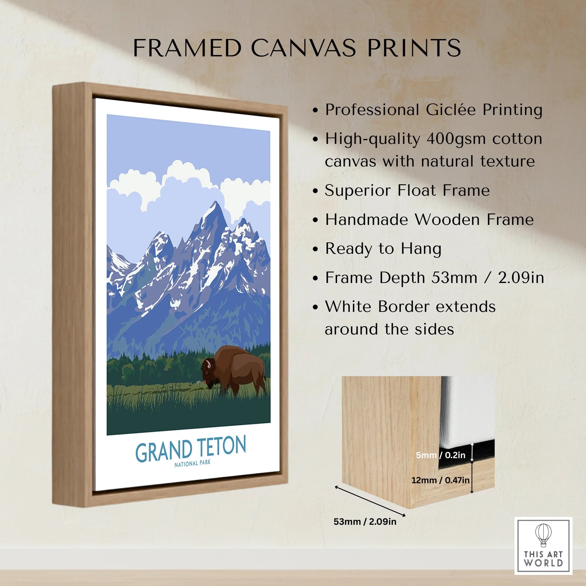 Grand Teton National Park framed canvas print with bison and mountain illustration in wooden float frame