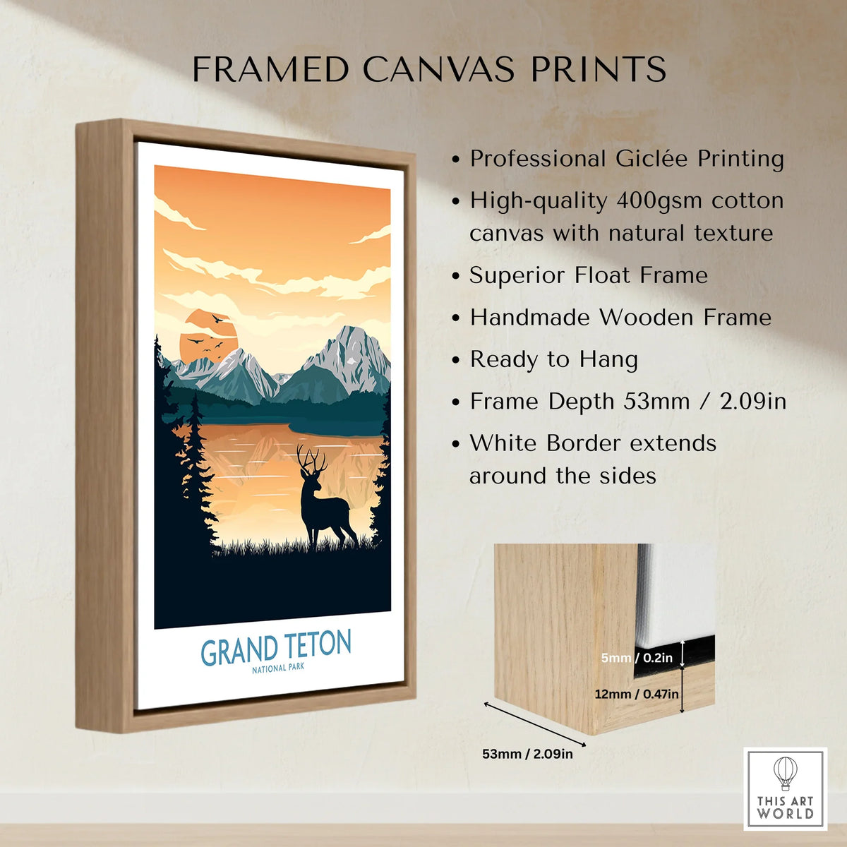 Grand Teton National Park framed canvas print with sunset, mountains, deer, and float frame details