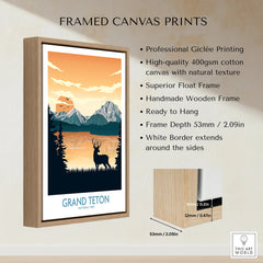 Grand Teton National Park framed canvas print with sunset, mountains, deer, and float frame details