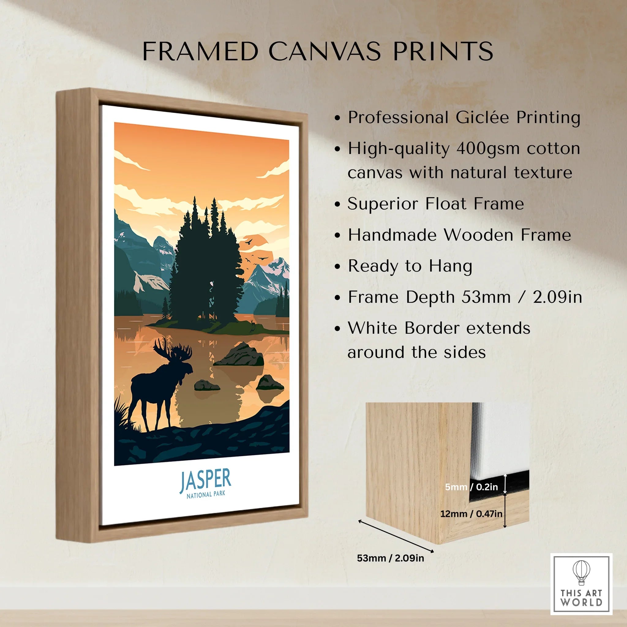 Framed canvas print of Jasper National Park with float frame and silhouette moose illustration.
