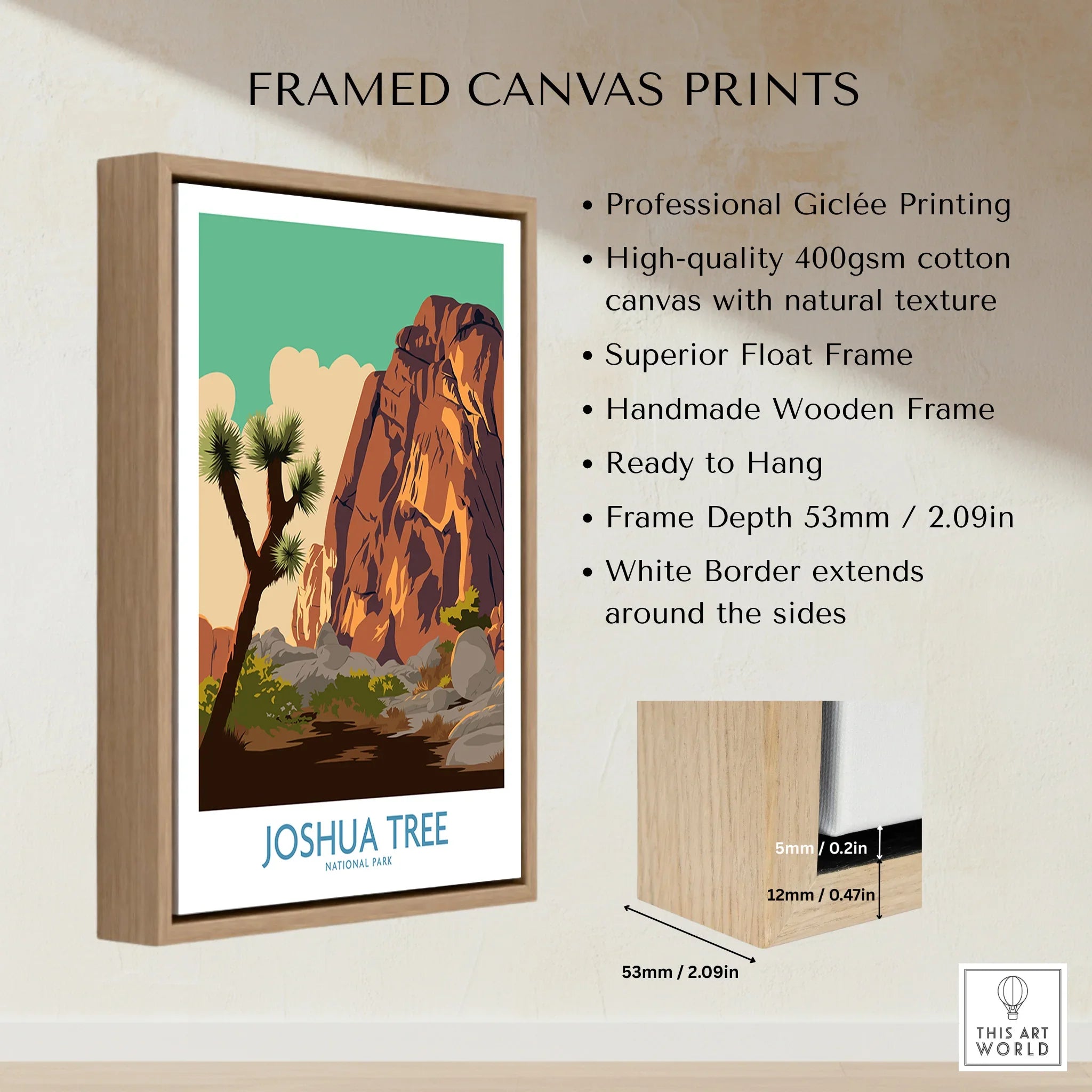 Framed canvas print of Joshua Tree National Park with float frame and wooden border details