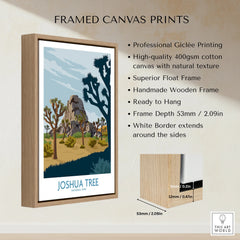 Framed Joshua Tree National Park travel poster in a wooden float frame, wall art decor details shown.