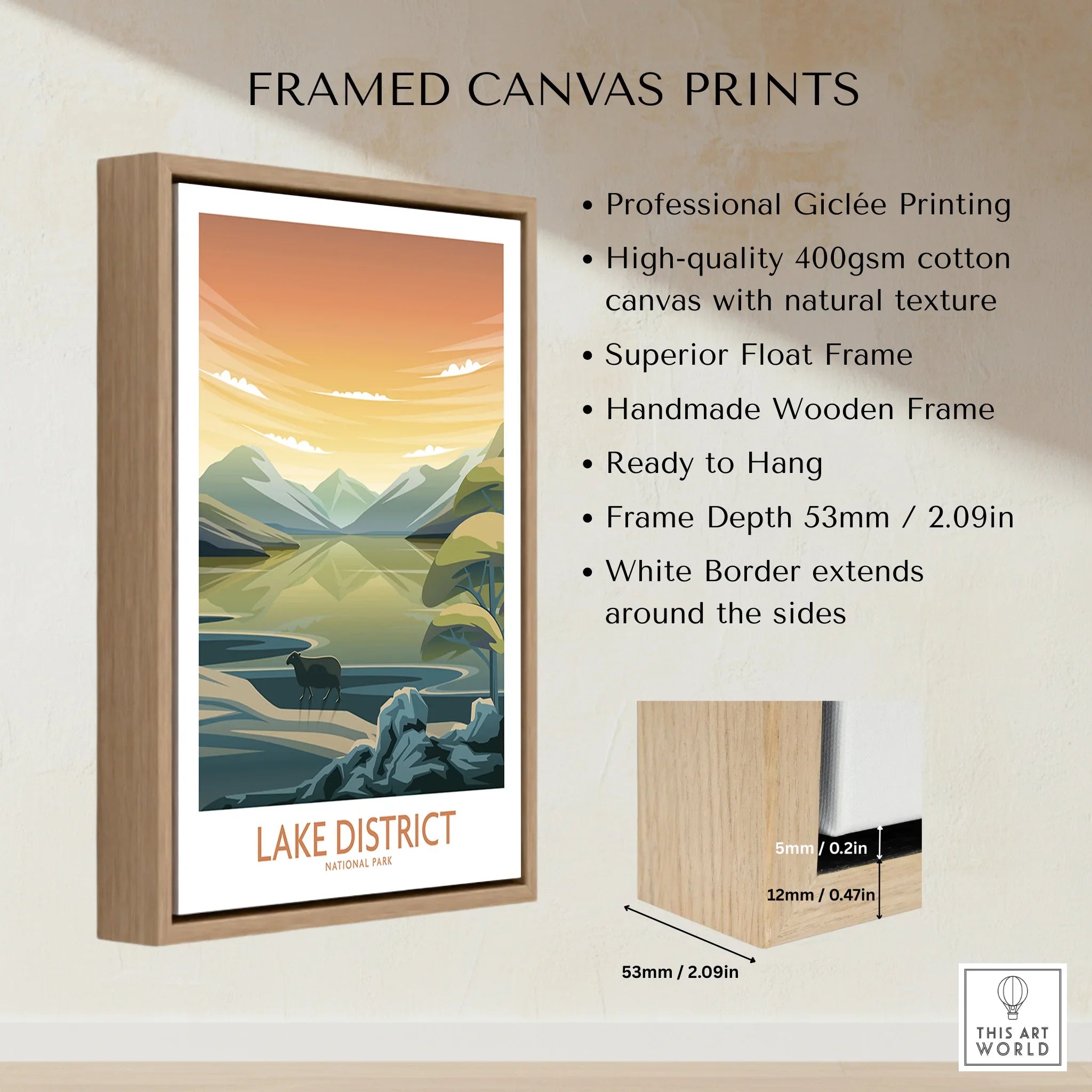 Framed Lake District National Park canvas wall art with float frame and wood finish