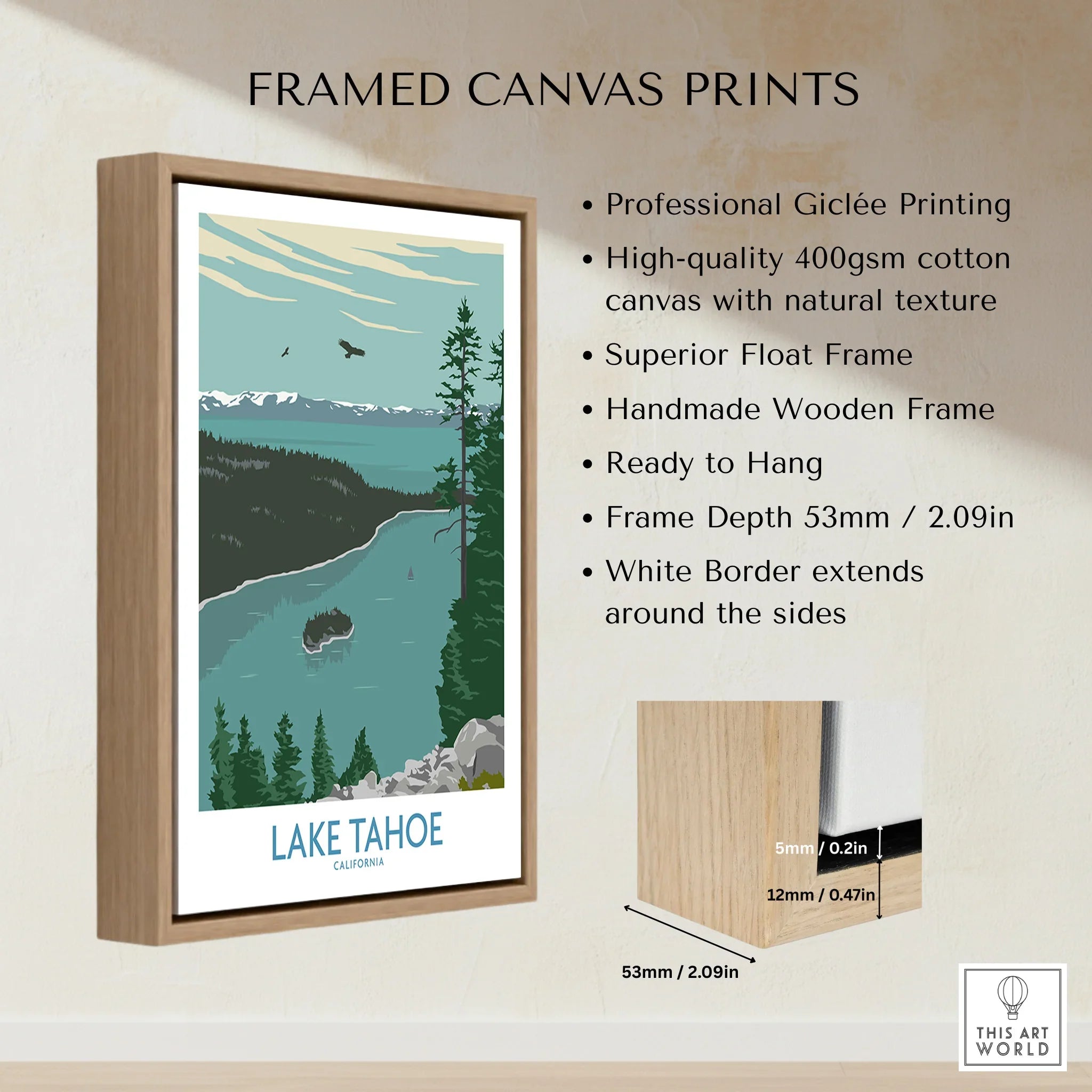 Framed canvas print featuring Lake Tahoe landscape with float frame, wall art decor