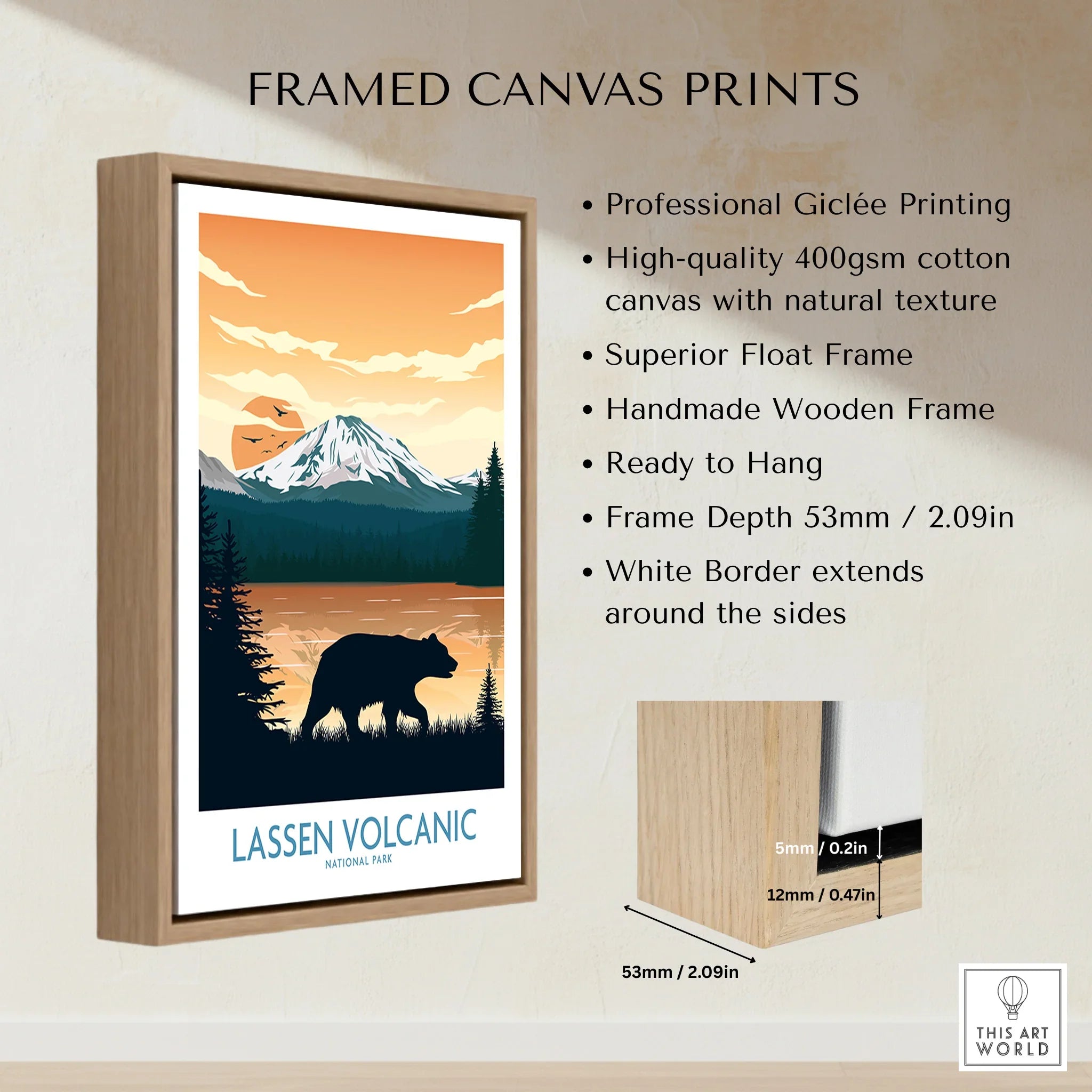 Framed Lassen Volcanic National Park canvas print with bear, mountain, and sunset art.