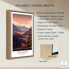 Framed Loch Lomond National Park canvas print with wooden float frame, mountain landscape art