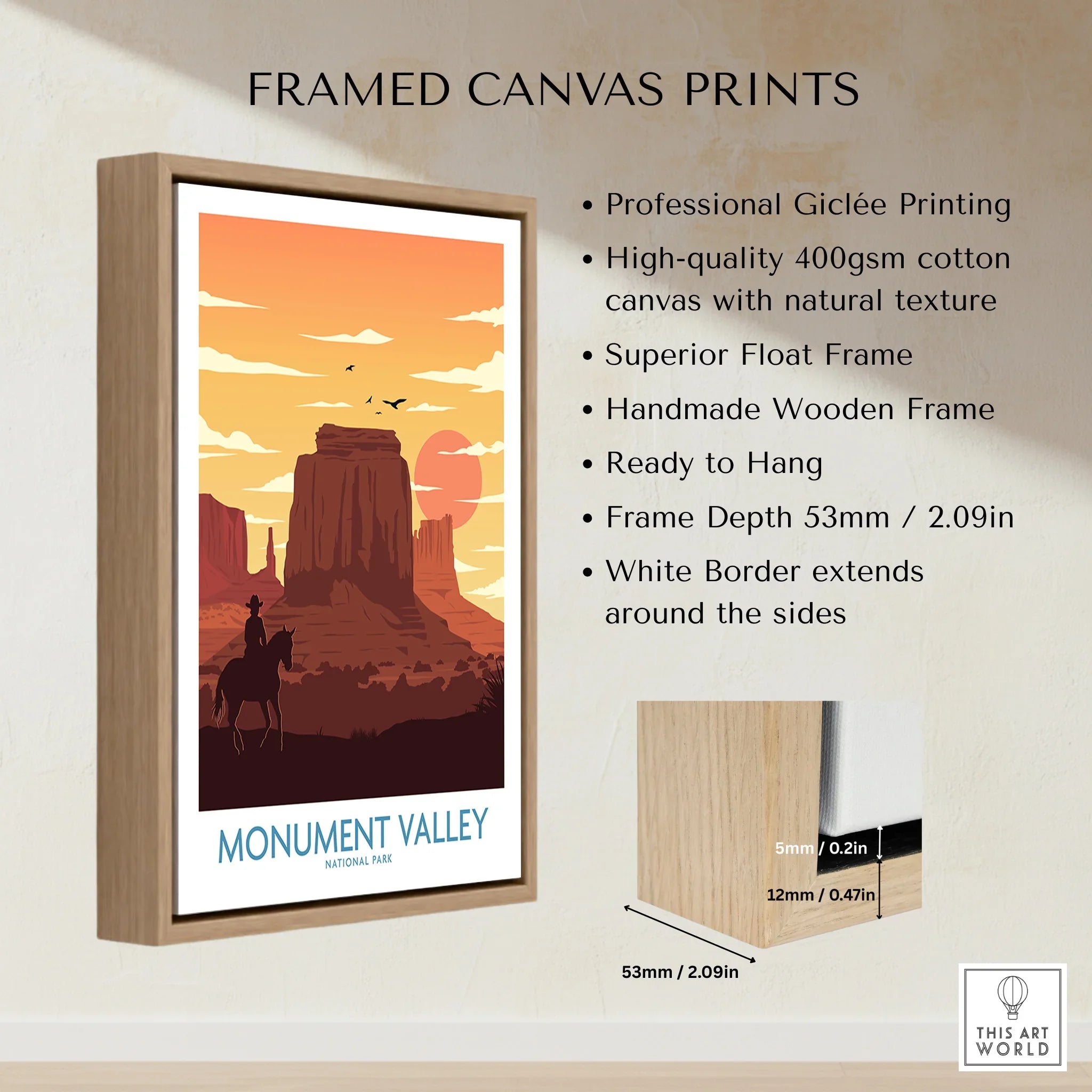 Framed canvas print of Monument Valley National Park in float frame, wall art details shown.