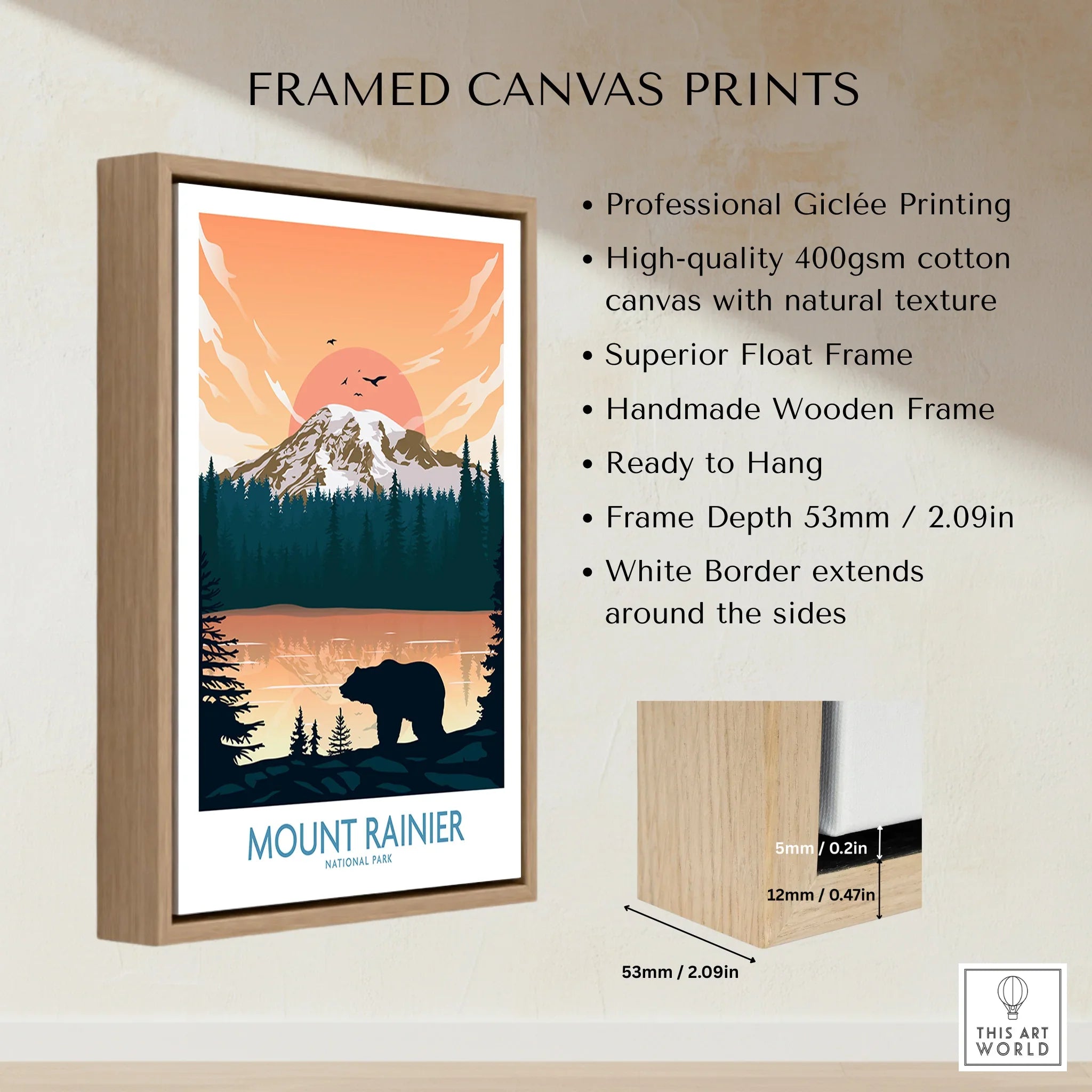 Framed canvas print of Mount Rainier National Park with bear, sunset, trees, and float frame details.