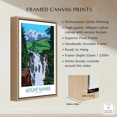 Framed canvas print of Mount Rainier National Park waterfall with float wood frame details