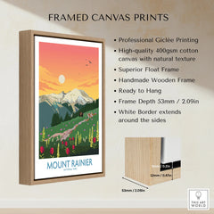 Framed canvas print of Mount Rainier National Park with float frame details and sunset landscape.