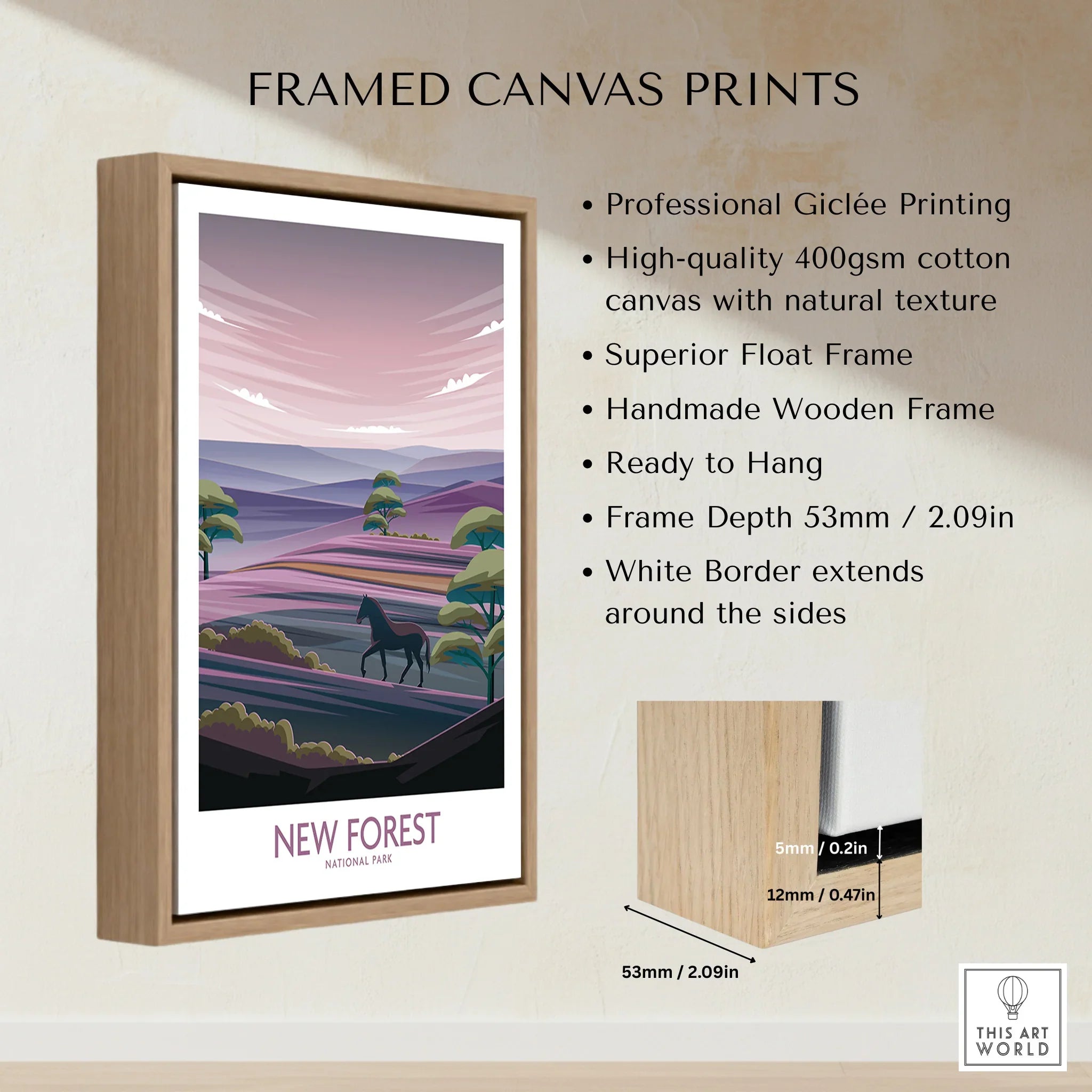 Framed canvas print of New Forest National Park with float frame and wooden edge details