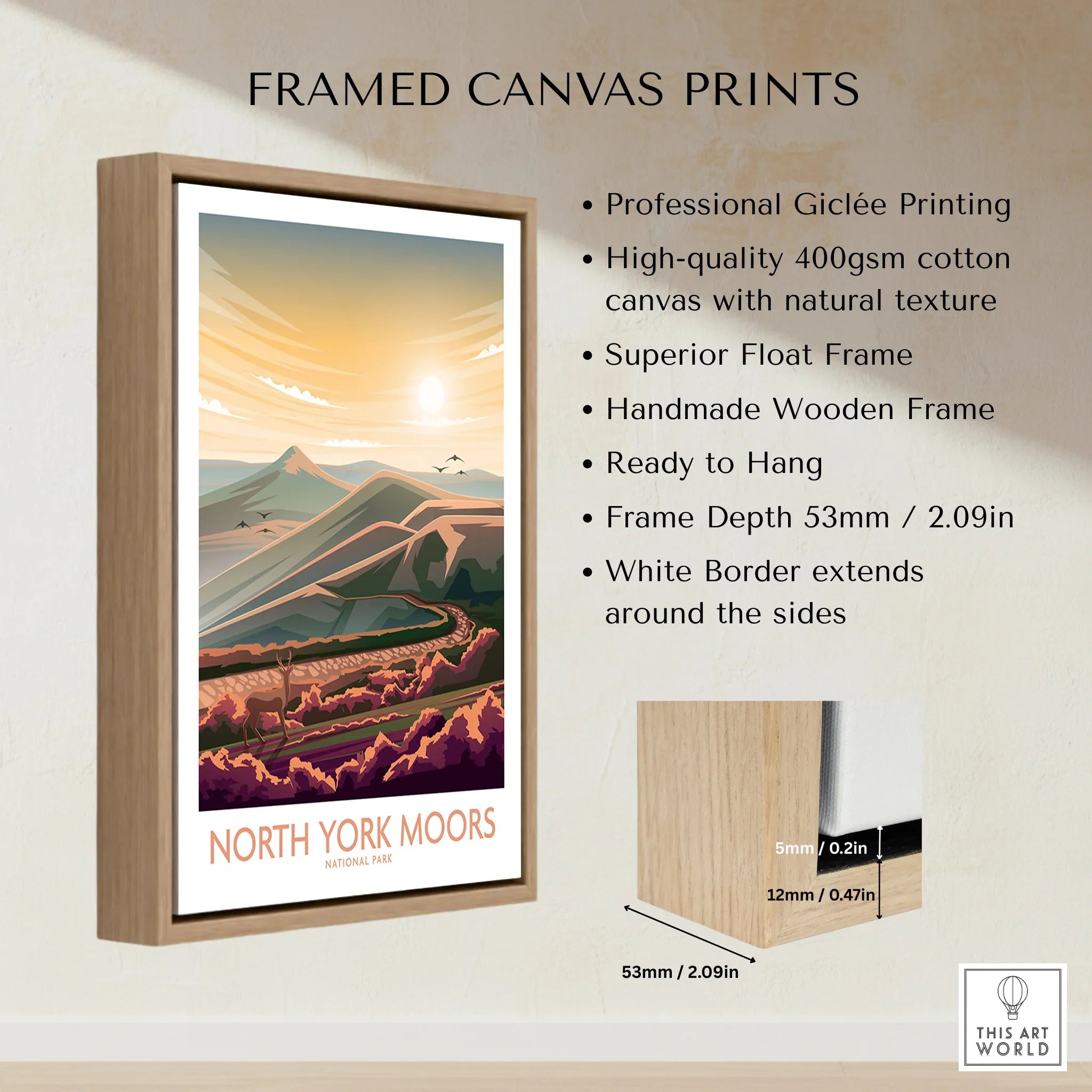Framed North York Moors National Park canvas print with sunrise landscape and wooden float frame.