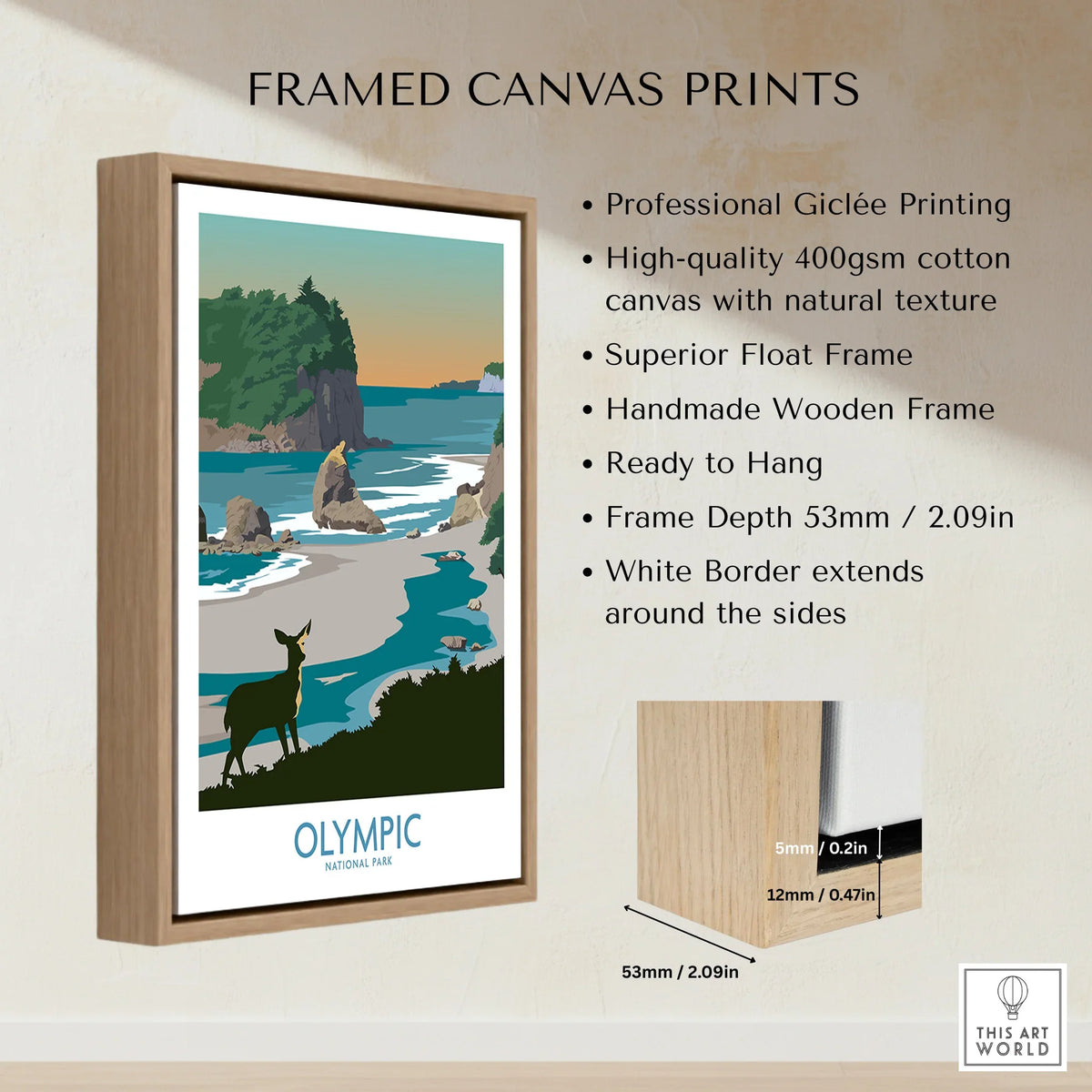 Olympic National Park framed canvas print with float frame, woodland coastal scene, product features listed.