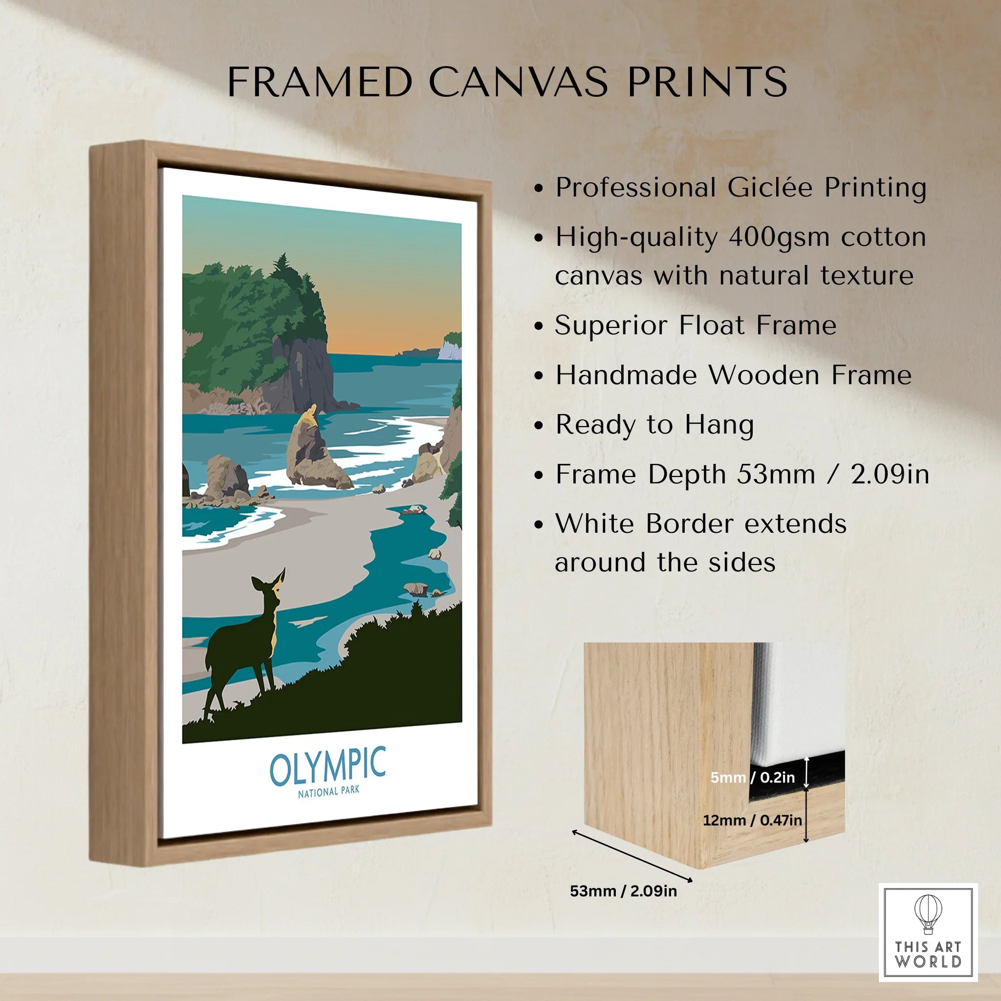 Olympic National Park framed canvas print with float frame, woodland coastal scene, product features listed.