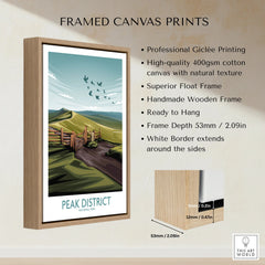 Framed canvas print of illustrated Peak District landscape with float frame and quality details