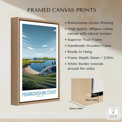 Framed Pembrokeshire Coast National Park canvas print with wooden float frame and scenic artwork
