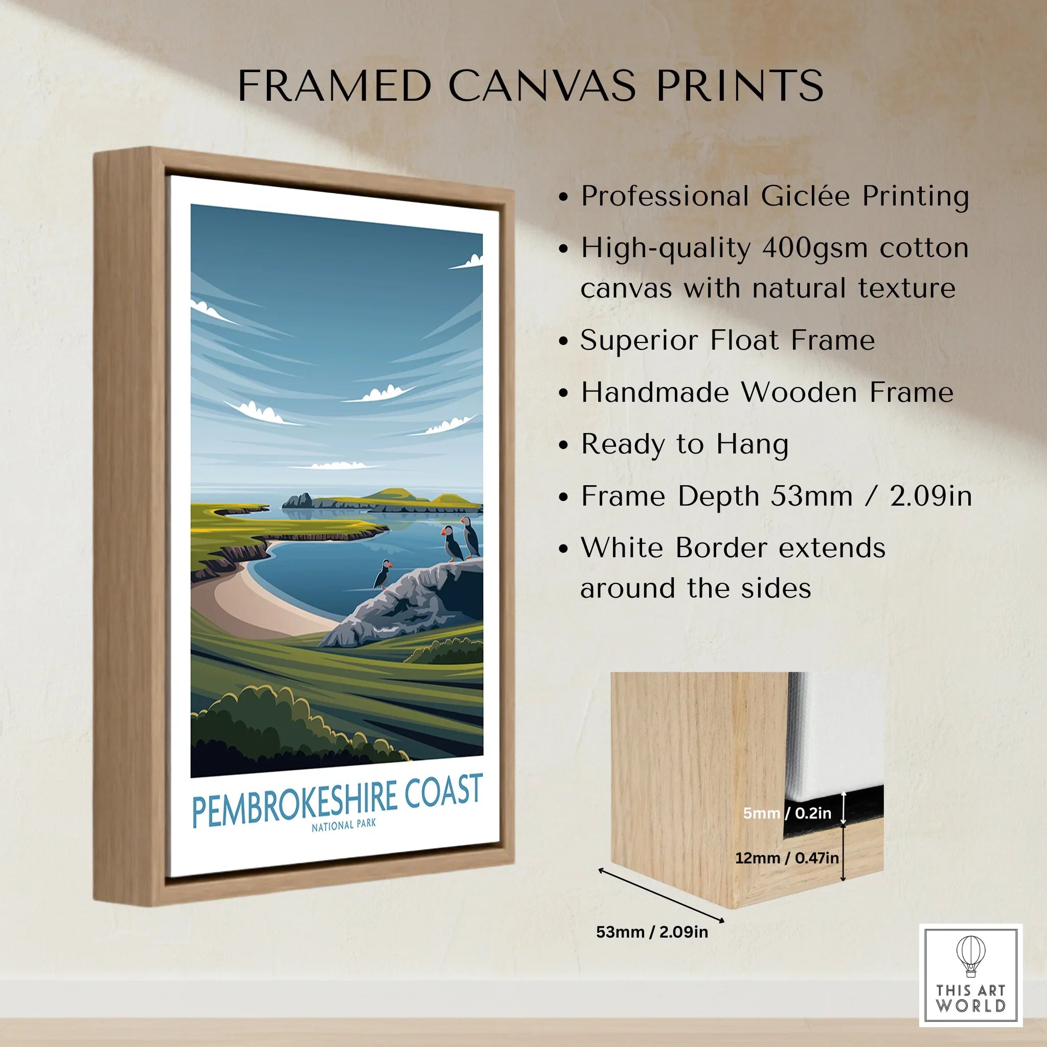 Framed Pembrokeshire Coast National Park canvas print with wooden float frame and scenic artwork