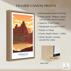 Framed Pinnacles National Park canvas print with float frame and detailed size diagram