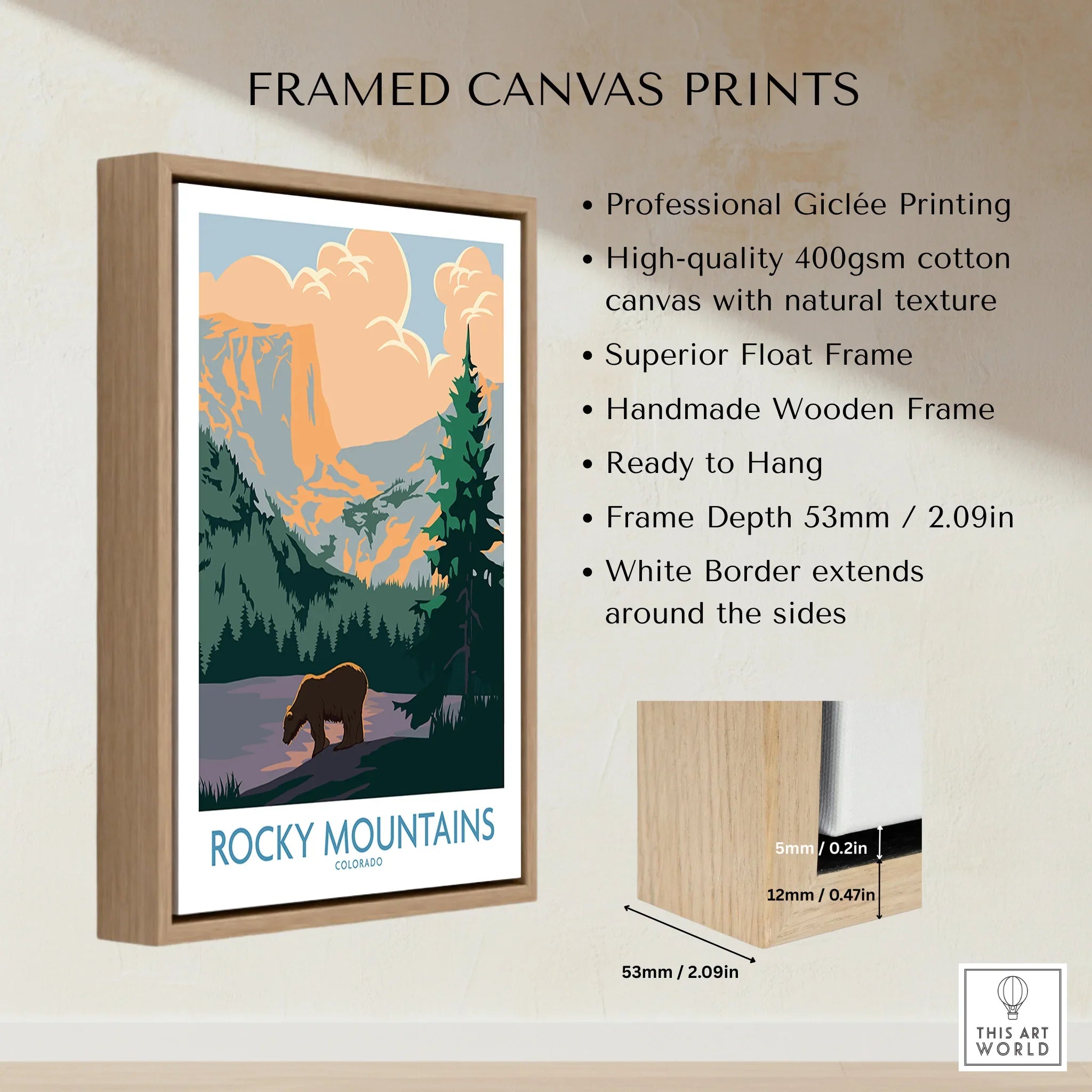 Framed canvas print of Rocky Mountains with bear, forest, and mountains, float frame details