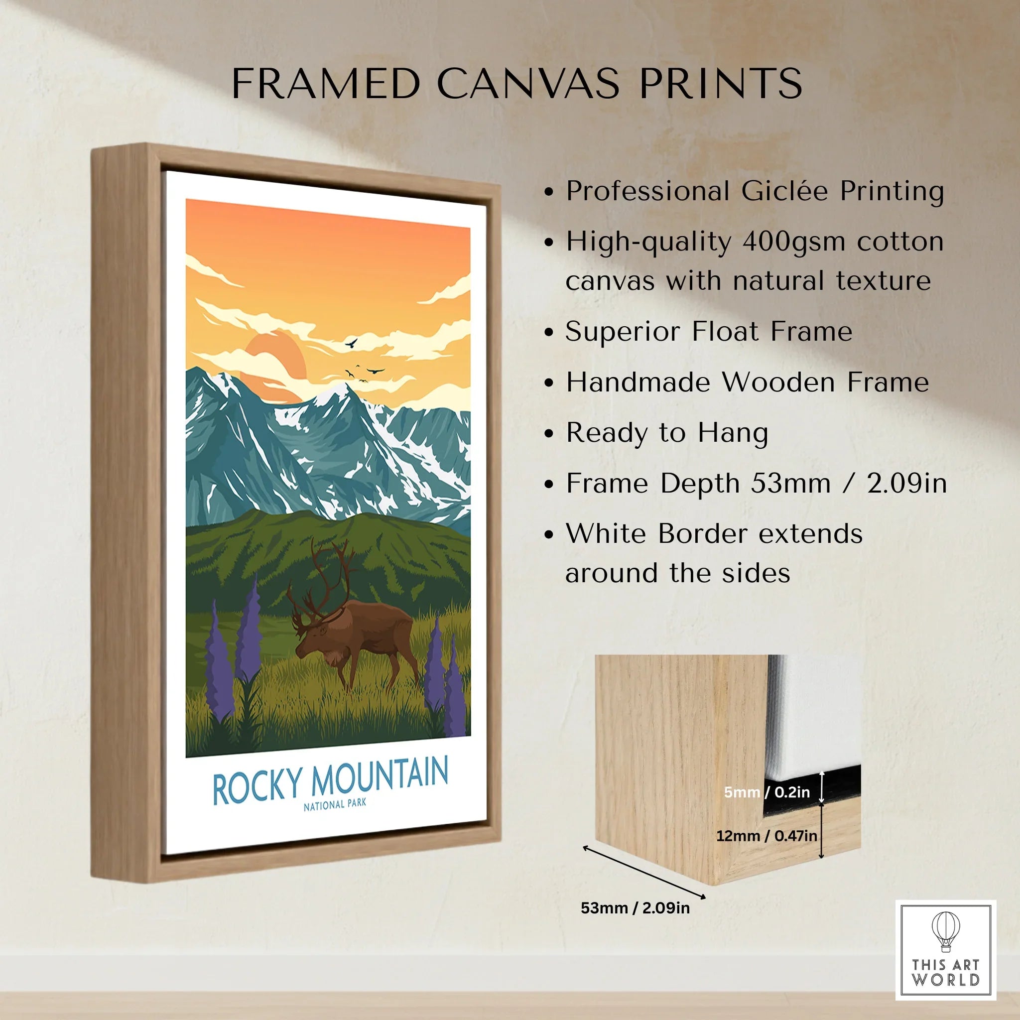 Framed Rocky Mountain National Park canvas print with float frame, wooden border, and elk illustration.