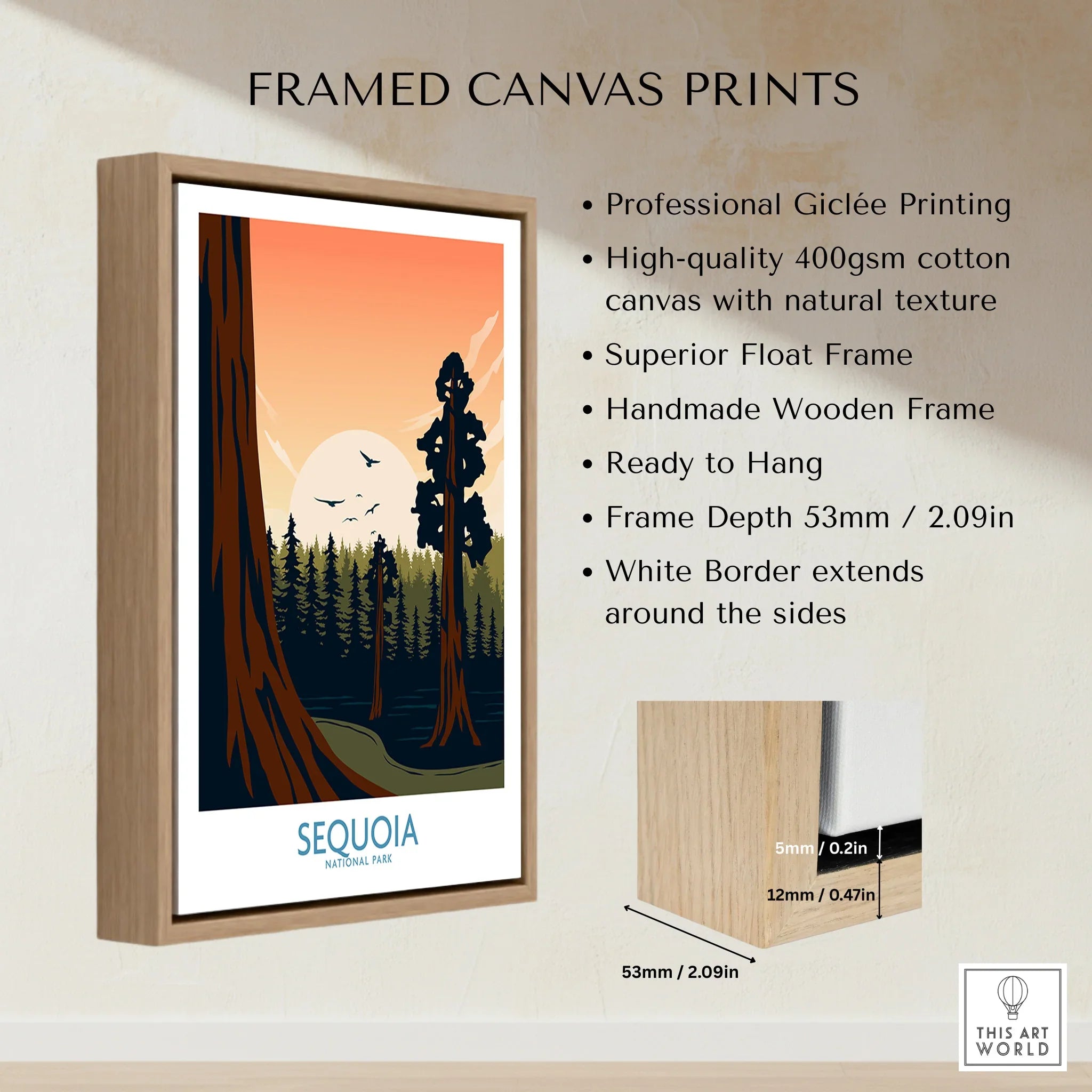 Framed canvas print of Sequoia National Park with float frame and quality details display.
