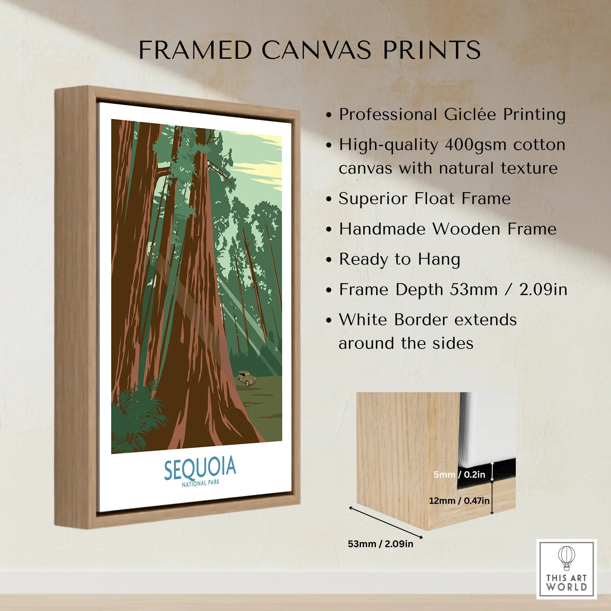 Sequoia National Park framed canvas print with wooden float frame and detailed side view.