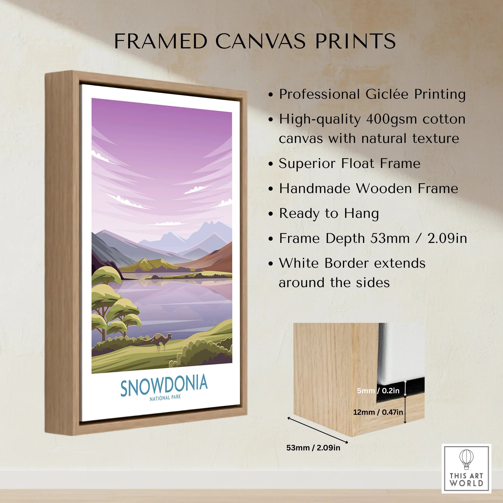 Framed Snowdonia National Park canvas print with float frame and mountain landscape art