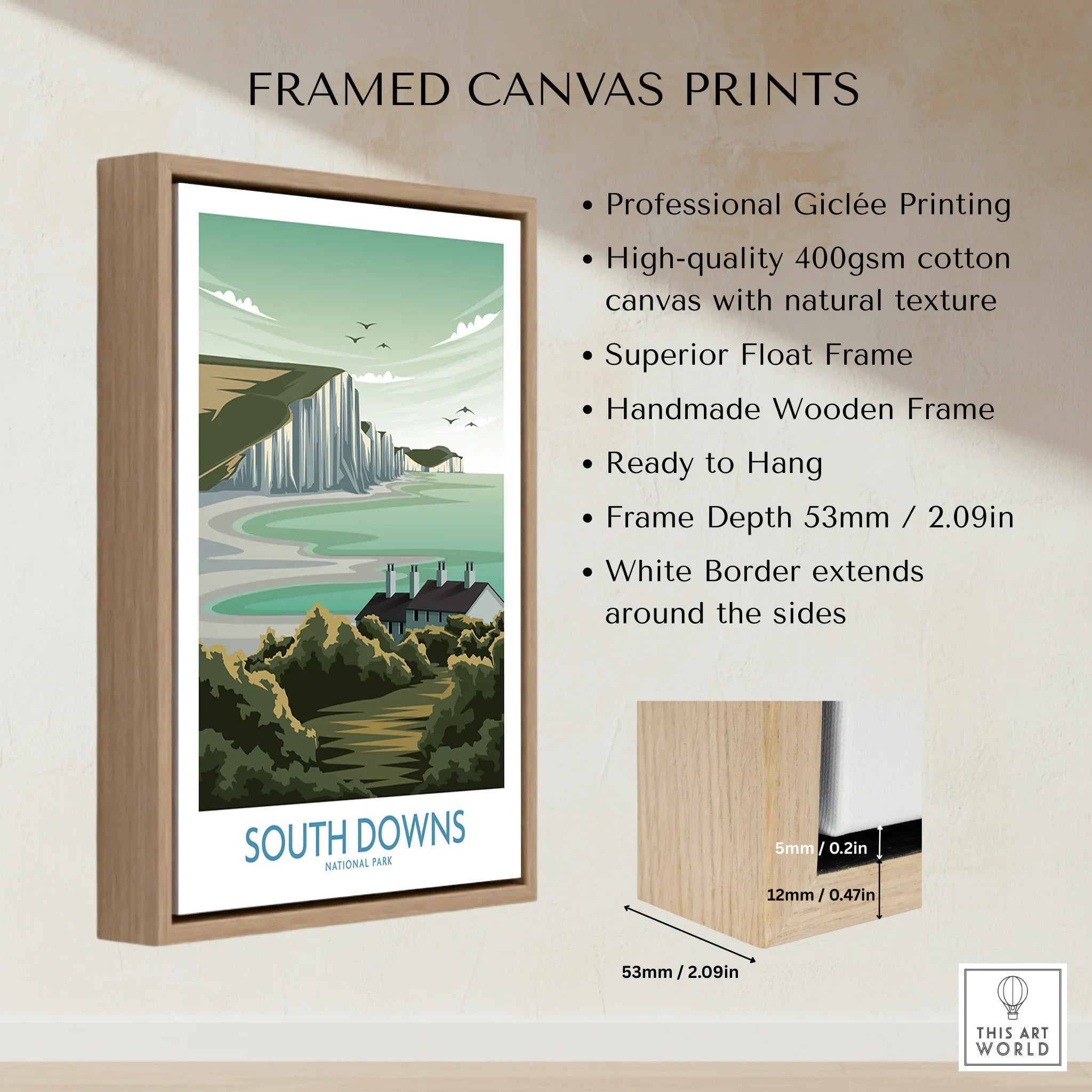 Framed canvas print featuring South Downs National Park wall art with float frame details.