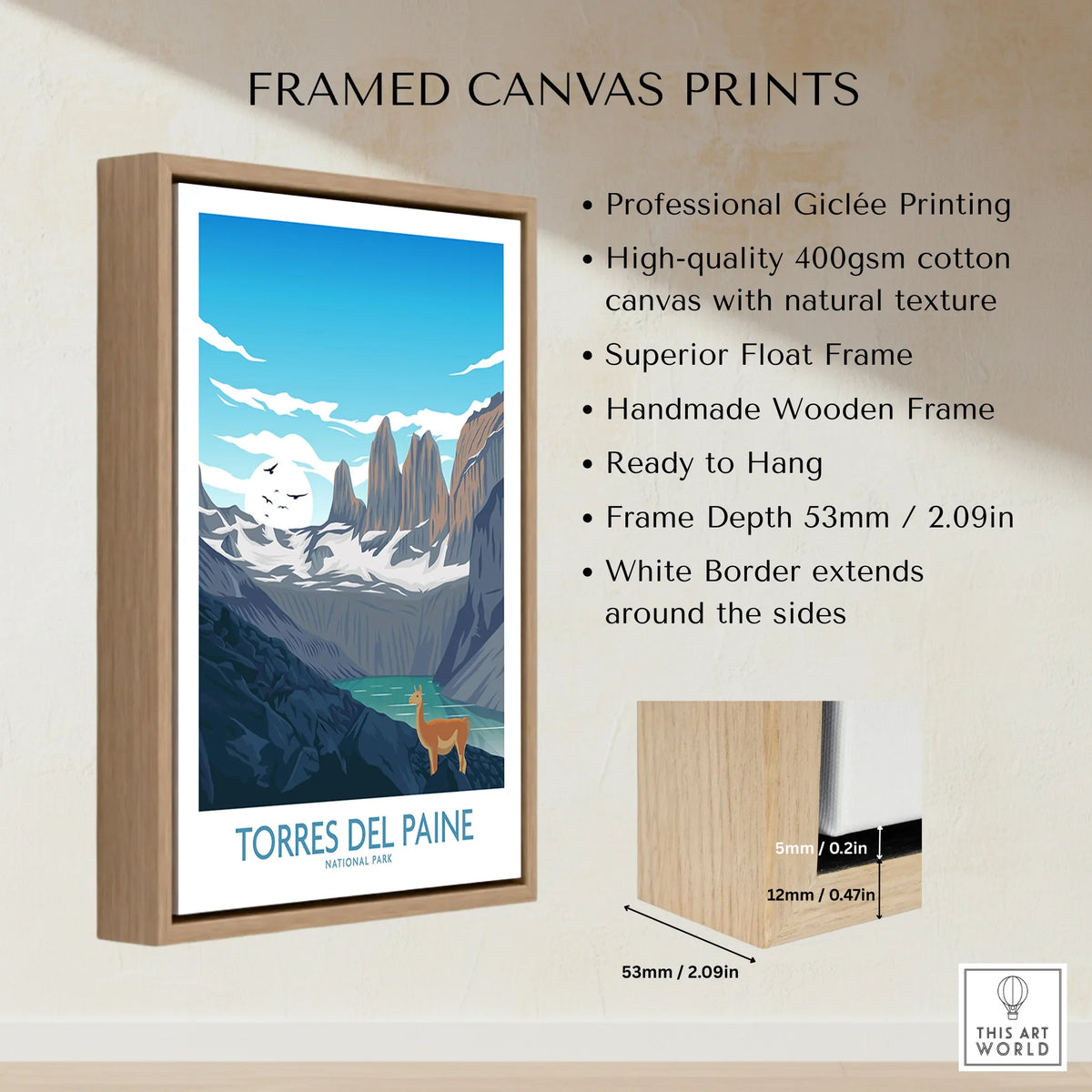 Framed canvas print of Torres del Paine National Park with mountains, lake, and llama.