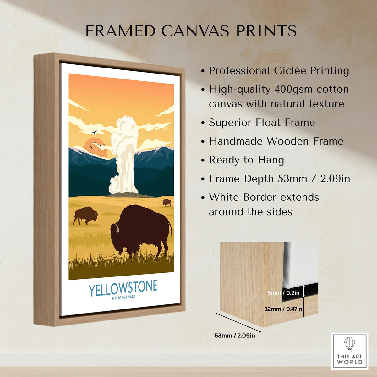 Framed Yellowstone National Park travel poster with bison, float frame, and canvas details.