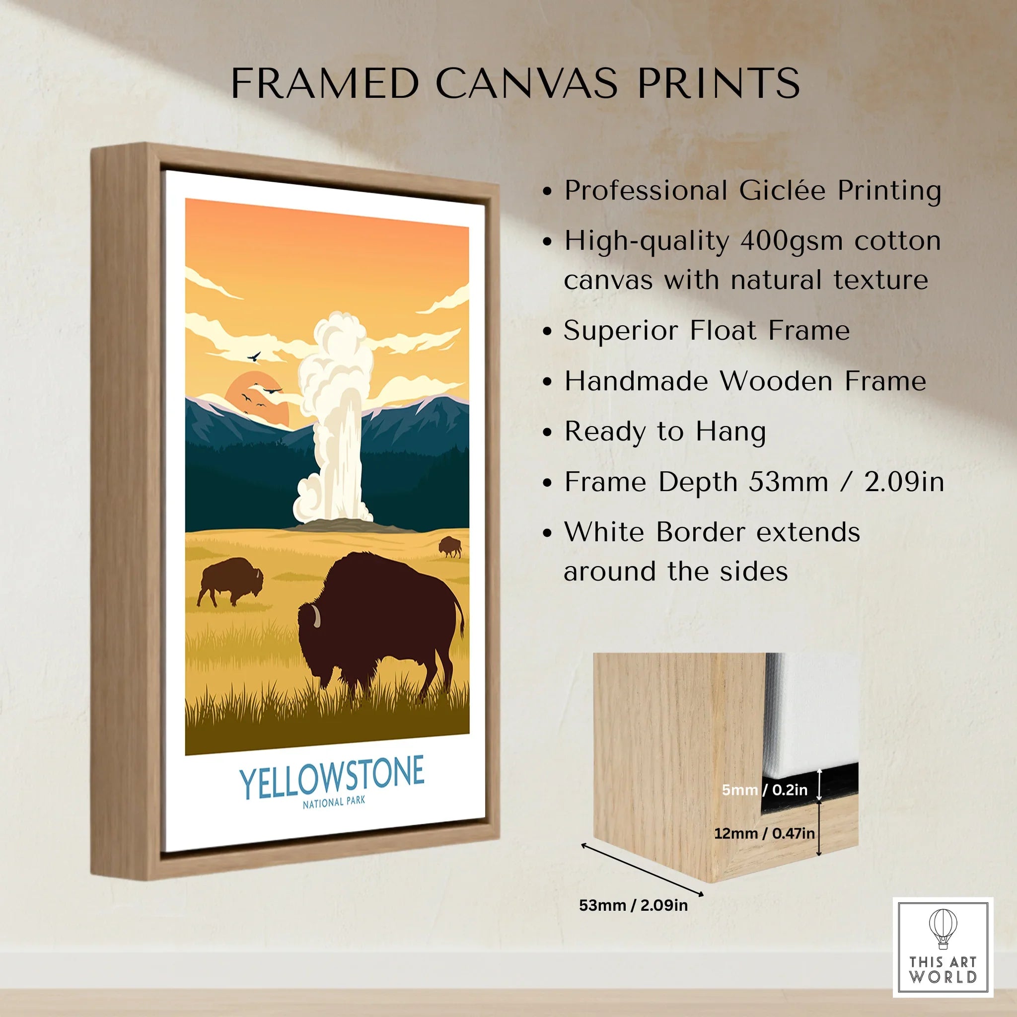Framed Yellowstone National Park travel poster with bison, float frame, and canvas details.
