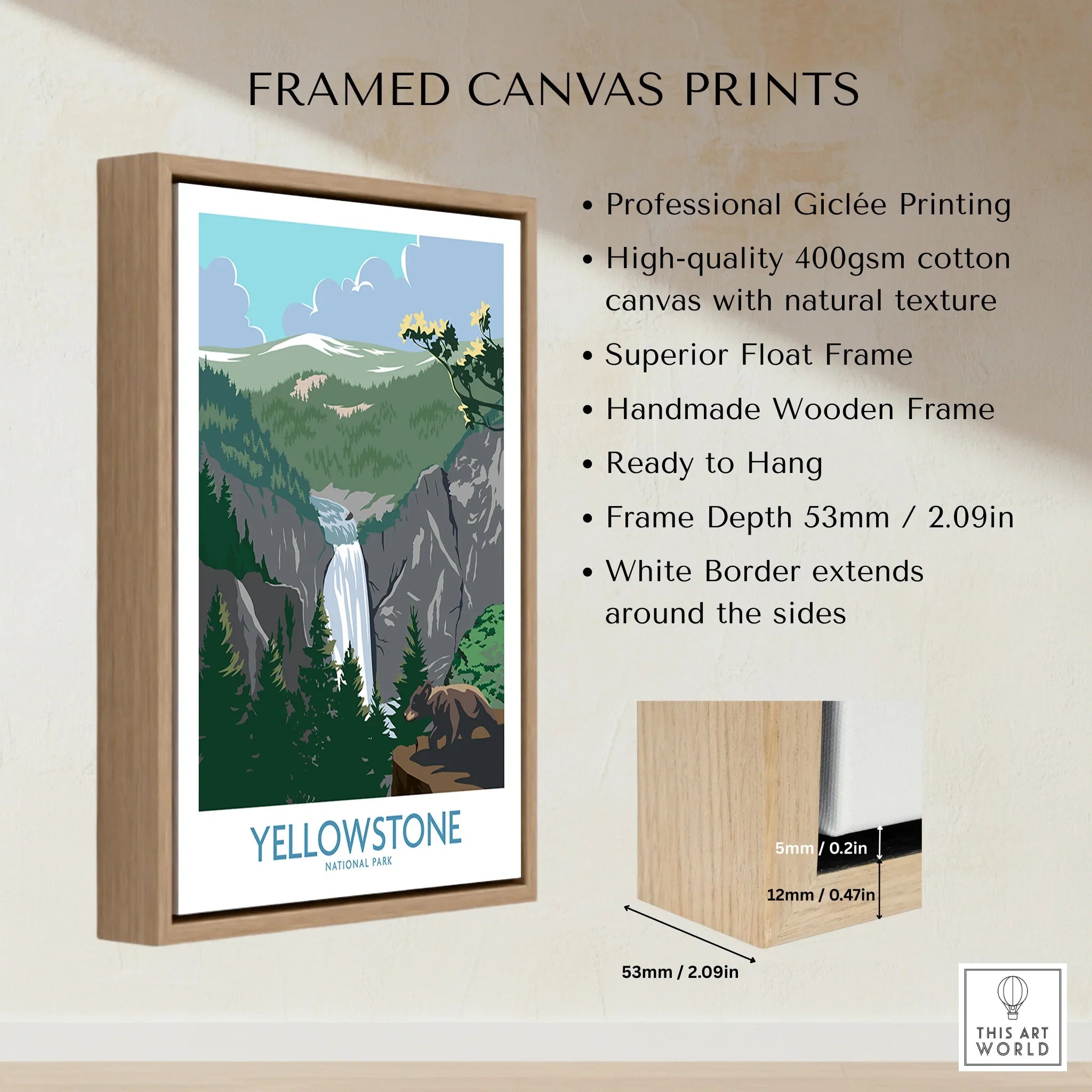 Yellowstone National Park framed canvas print with float frame and landscape artwork