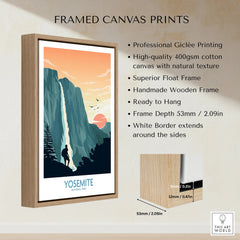 Framed Yosemite National Park art print with float frame, sunset landscape, and waterfall.