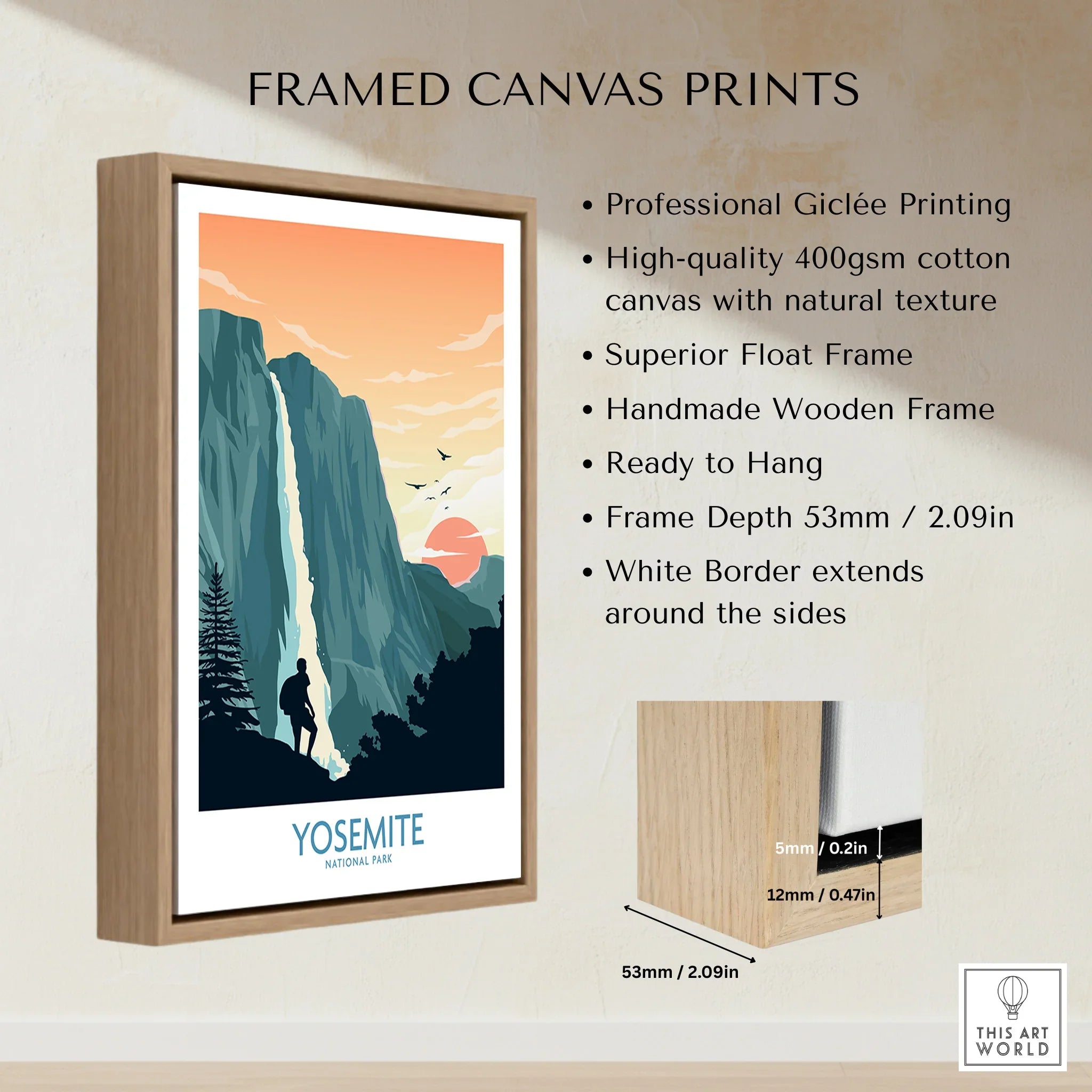 Framed Yosemite National Park art print with float frame, sunset landscape, and waterfall.