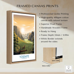 Framed Yosemite National Park canvas print with float frame and wooden border, wall art details