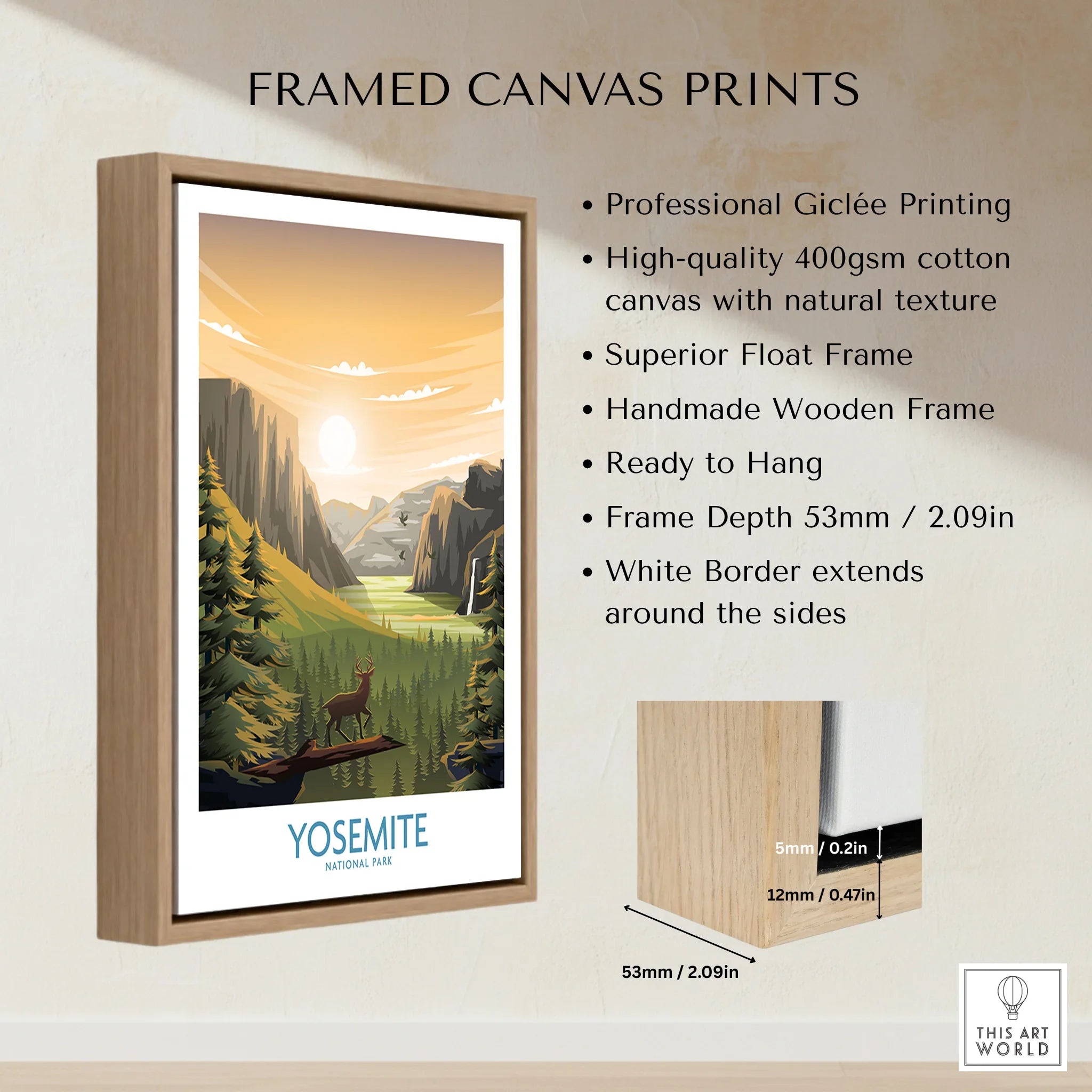 Framed Yosemite National Park canvas print with float frame and wooden border, wall art details