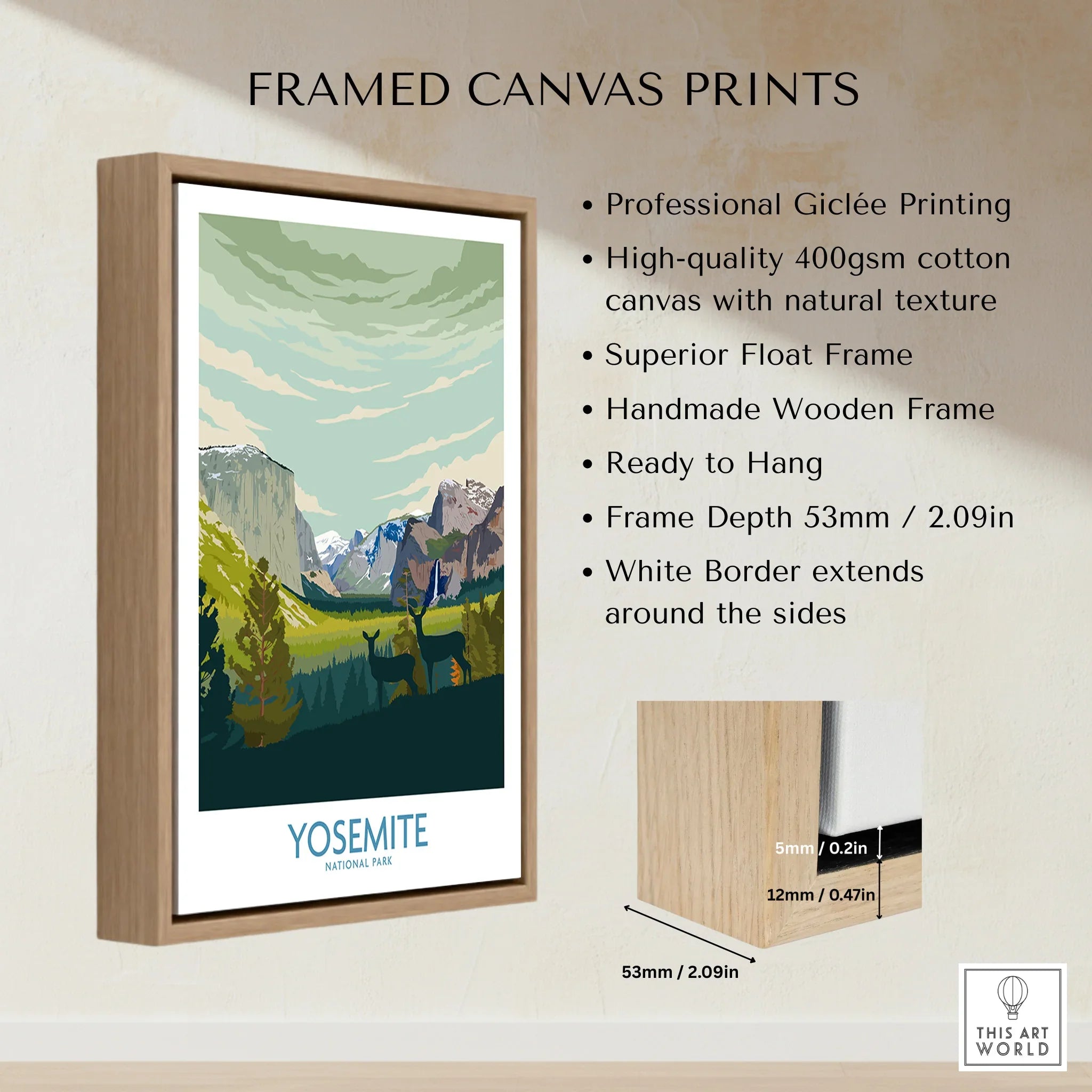 Framed canvas print featuring Yosemite National Park landscape with float frame details