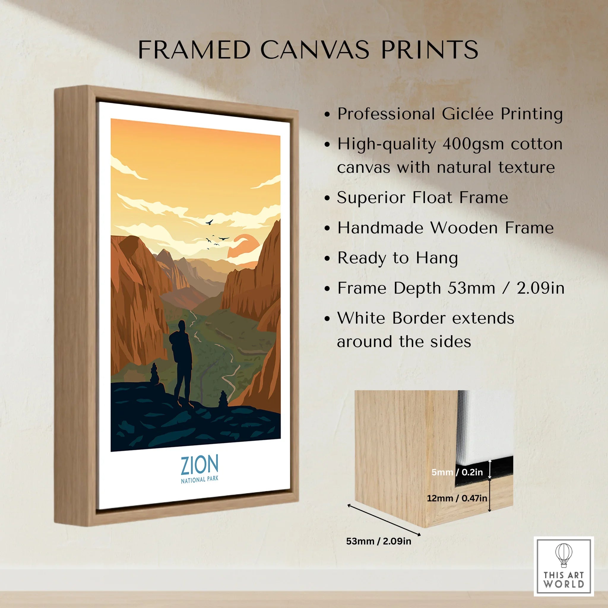 Framed Zion National Park canvas print with float wooden frame, wall art details shown