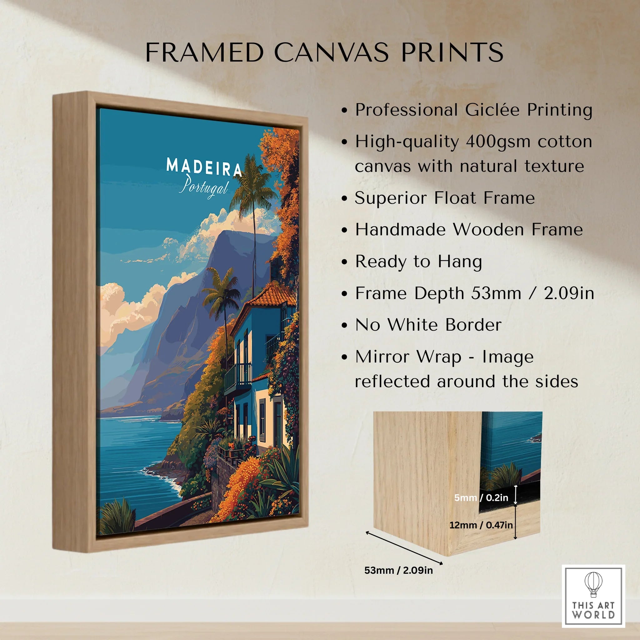 Madeira Portugal travel poster in float frame, coastal wall art, high-quality canvas print