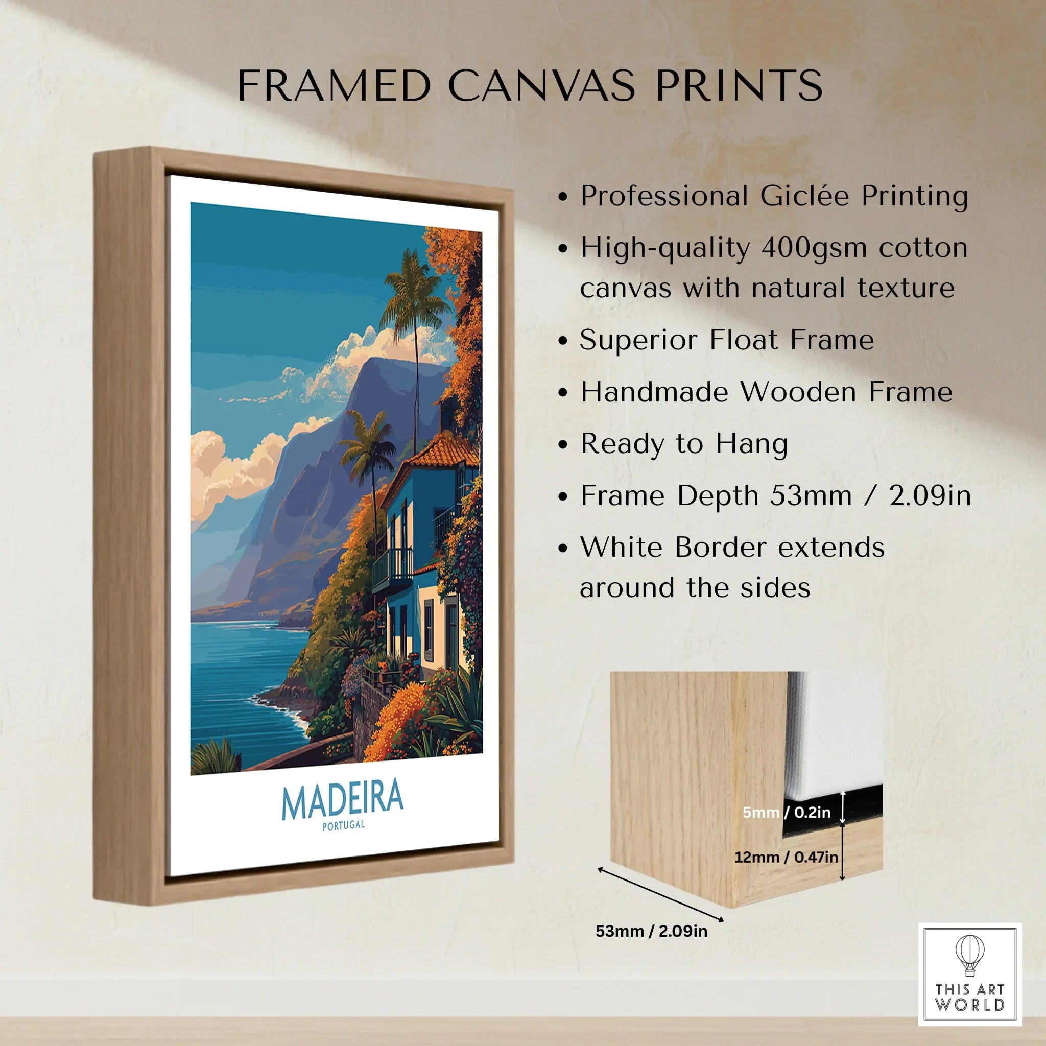 Framed Madeira Portugal travel art print with float frame and canvas texture details